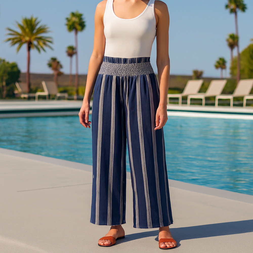Indigo Rein Pants Womens Size Medium Blue White Striped Blend Wide Leg Smocked - Picture 2 of 10